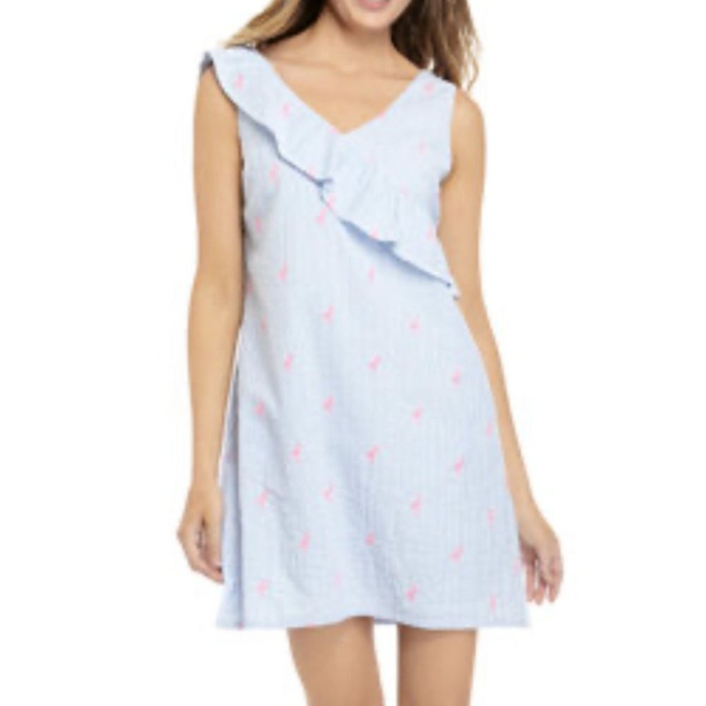 Crown & Ivy Dress Large Seersucker Cotton Blue White Pink Flamingos Pockets NWT
